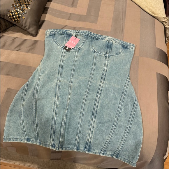 Denim mini strapless dress - Picture 2 of 3